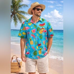 King Kameha Flamingo Pineapple Watermelon Tropical Hawaiian Shirt 2XL Blue